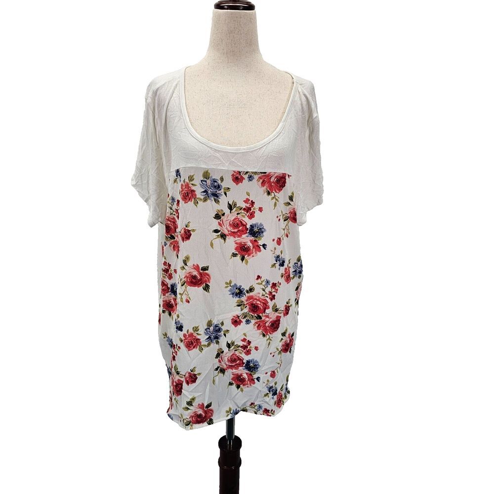 Honey & Lace Womens Blouse Size 3XL Short Sleeve Floral Print Scoop‎ Neck White